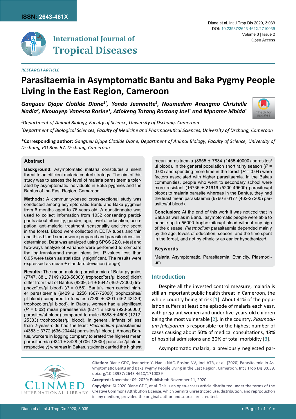 Parasitaemia in Asymptomatic Bantu and Baka Pygmy People Living In