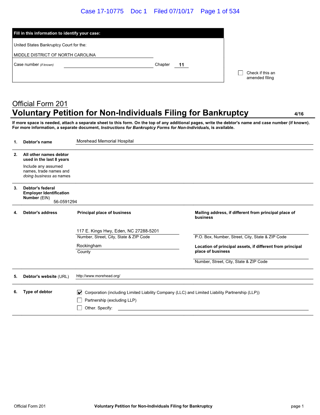 Voluntary Petition for Non-Individuals Filing for Bankruptcy 4/16 If More Space Is Needed, Attach a Separate Sheet to This Form