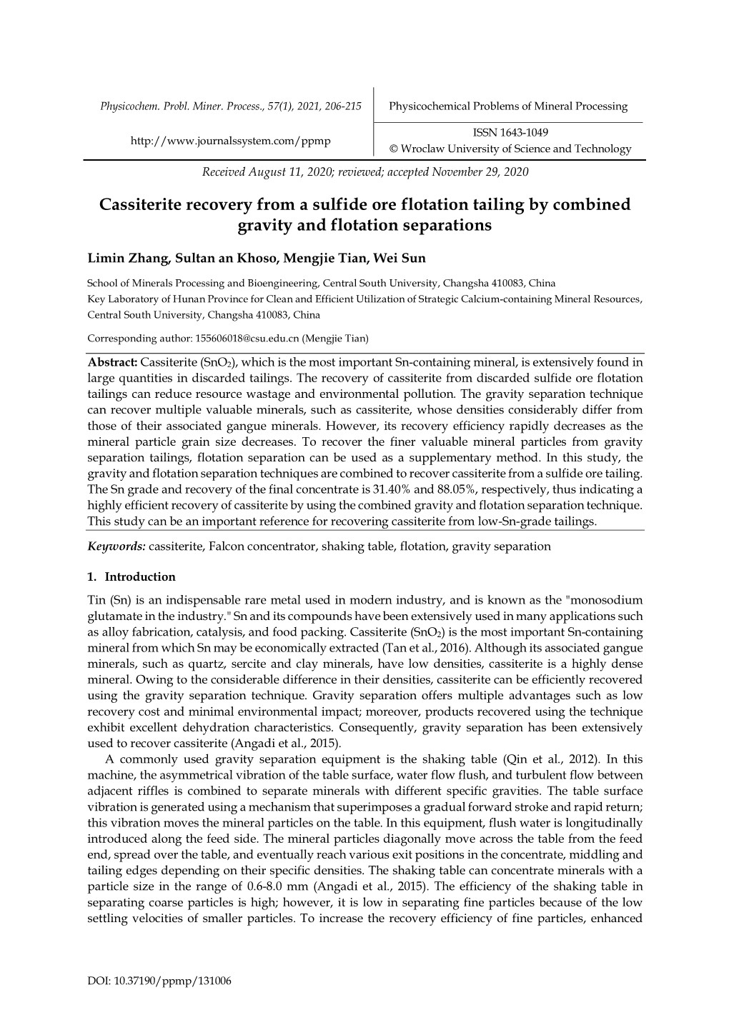 Cassiterite Recovery from a Sulfide Ore Flotation Tailing by Combined Gravity and Flotation Separations