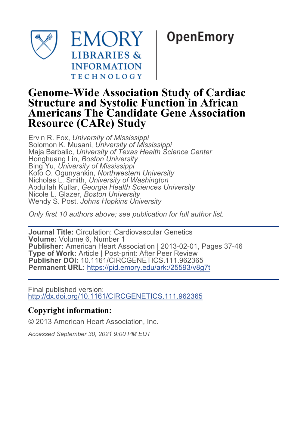 Genome-Wide Association Study of Cardiac Structure and Systolic Function in African Americans the Candidate Gene Association Resource (Care) Study Ervin R