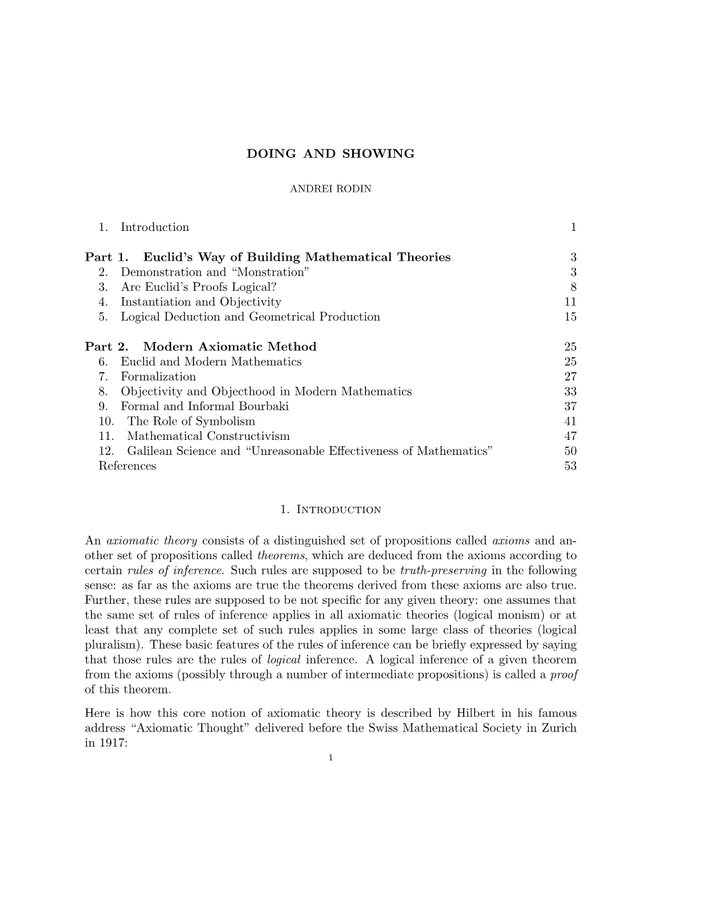 DOING and SHOWING 1. Introduction 1 Part 1. Euclid's Way of Building Mathematical Theories 3 2. Demonstration