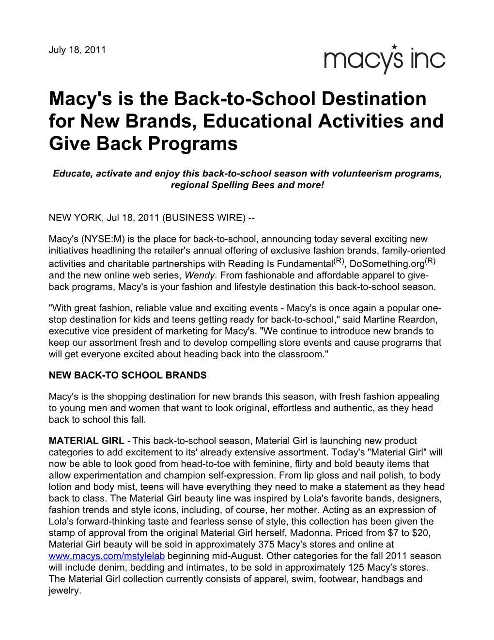 Macy's Is the Back-To-School Destination for New Brands, Educational Activities and Give Back Programs
