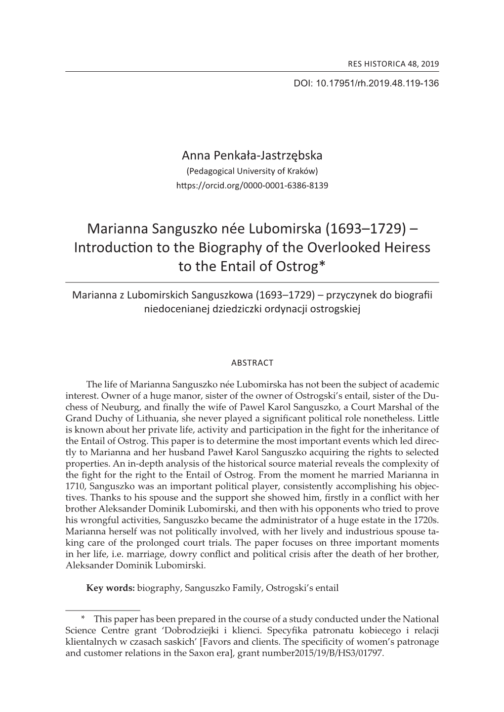 Marianna Sanguszko Née Lubomirska (1693–1729) – Introduction to the Biography of the Overlooked Heiress to the Entail of Ostrog*