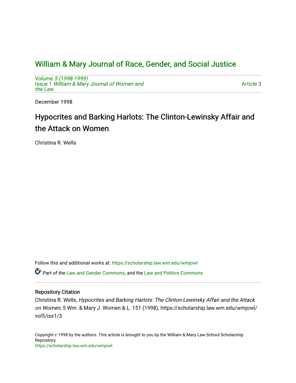 Hypocrites and Barking Harlots: the Clinton-Lewinsky Affair and the Attack on Women