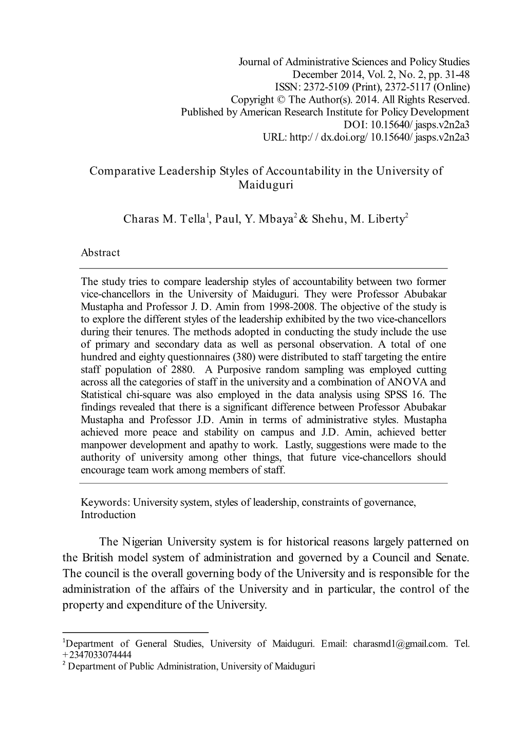 Comparative Leadership Styles of Accountability in the University of Maiduguri