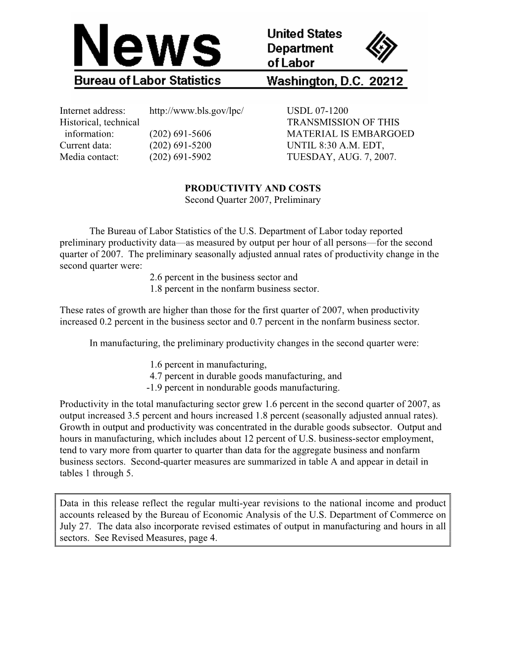 Productivity and Costs, Second Quarter 2007, Preliminary