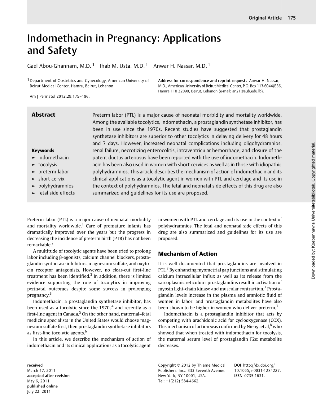 Indomethacin in Pregnancy: Applications and Safety