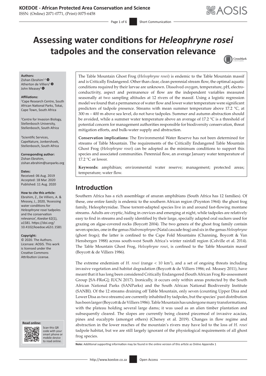 Assessing Water Conditions for Heleophryne Rosei Tadpoles and the Conservation Relevance