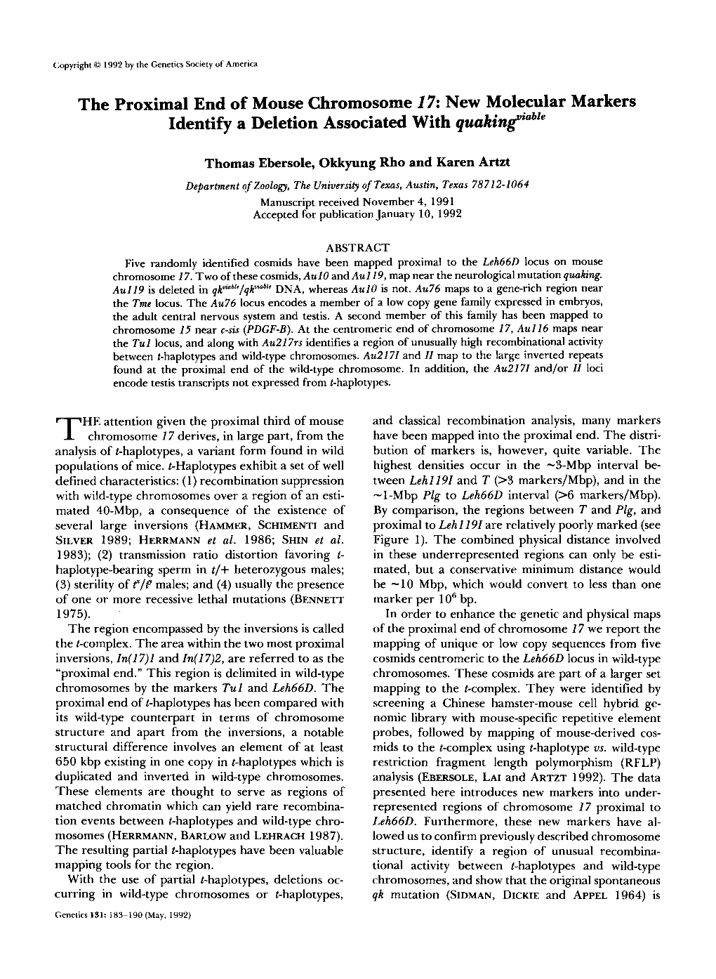 The Proximal End of Mouse Chromosome 17: New Molecular Markers Identify a Deletion Associatedwith Quaking"'"""