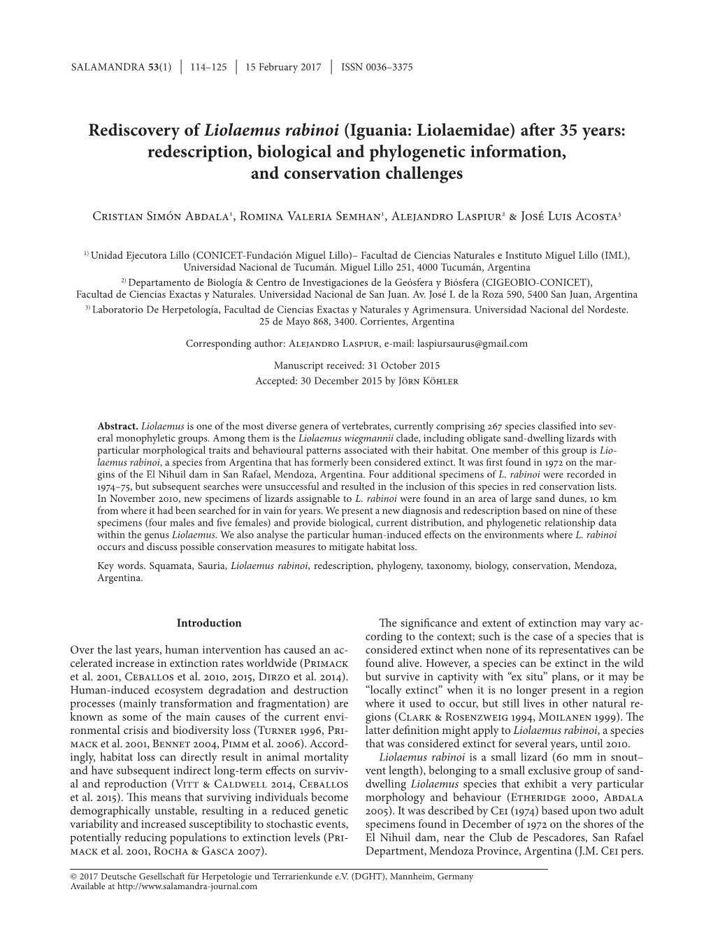 Rediscovery of Liolaemus Rabinoi (Iguania: Liolaemidae) After 35 Years: Redescription, Biological and Phylogenetic Information, and Conservation Challenges