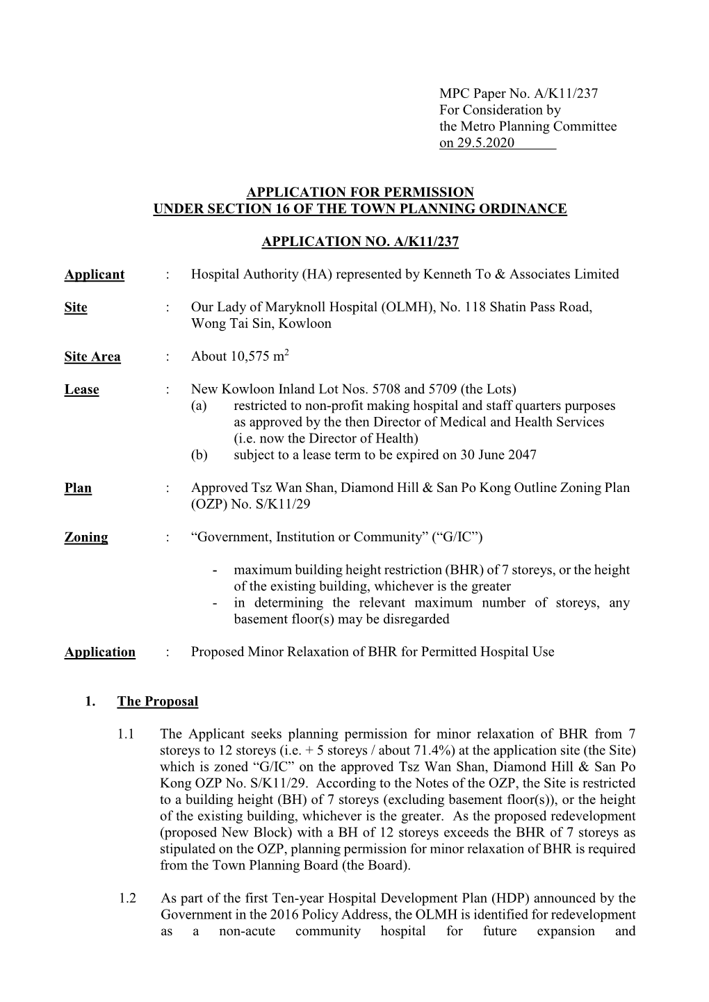 MPC Paper No. A/K11/237 for Consideration by the Metro Planning Committee on 29.5.2020