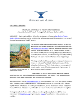For Immediate Release Milwaukee Art Museum To