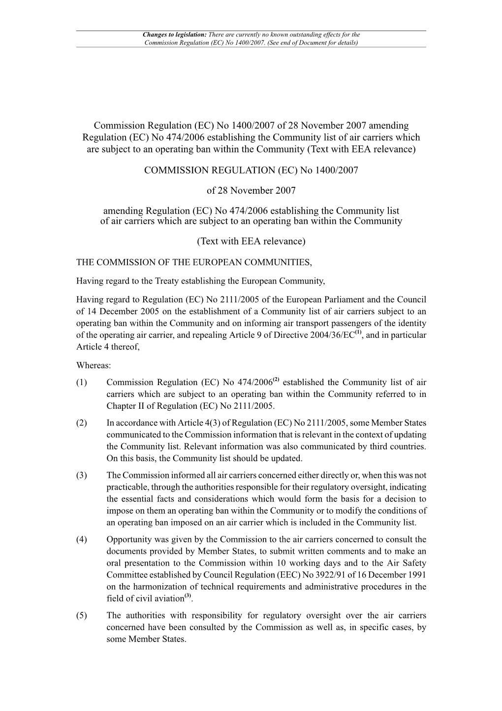 Commission Regulation (EC) No 1400/2007