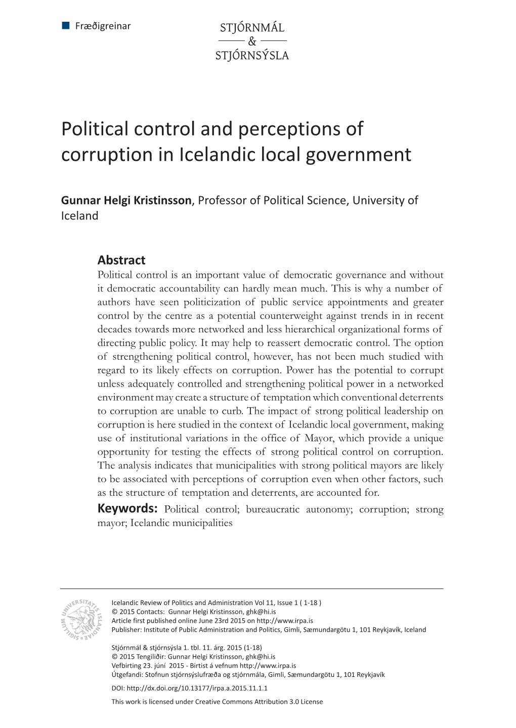 Political Control and Perceptions of Corruption in Icelandic Local Government