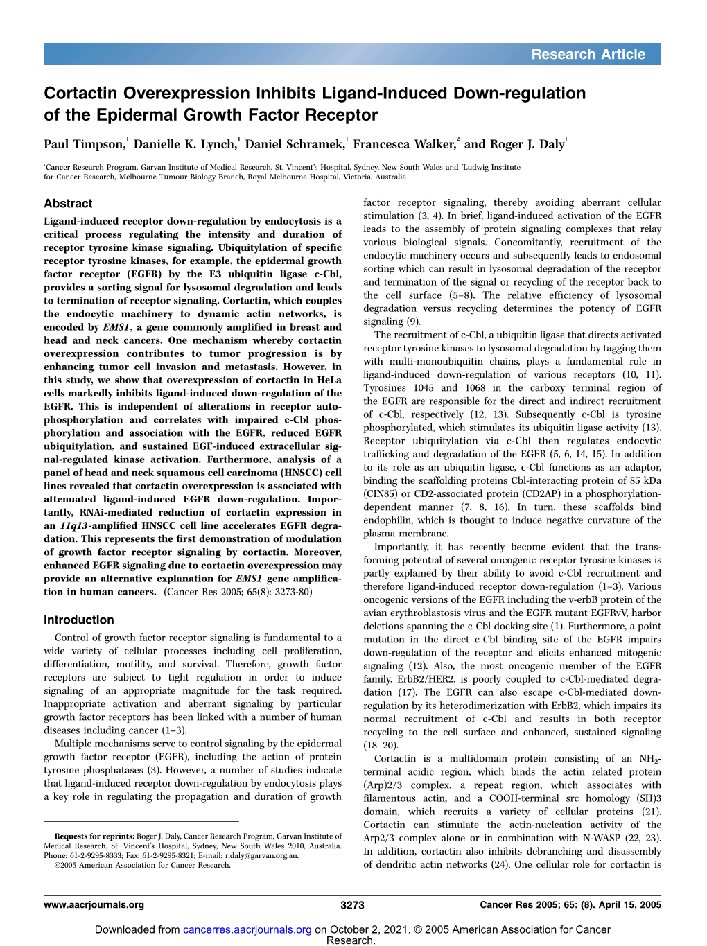 Cortactin Overexpression Inhibits Ligand-Induced Down-Regulation of the Epidermal Growth Factor Receptor