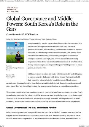 Global Governance and Middle Powers: South Korea's Role in The