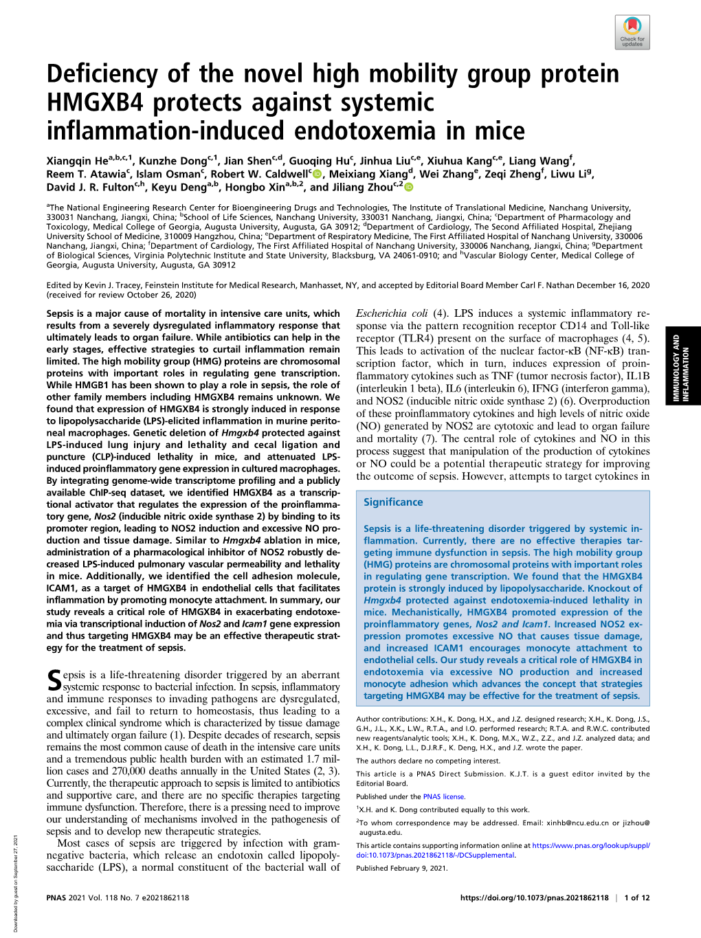 Deficiency of the Novel High Mobility Group Protein HMGXB4 Protects Against Systemic Inflammation-Induced Endotoxemia in Mice