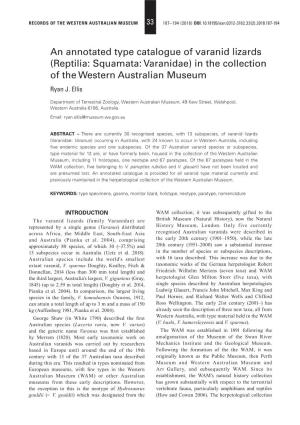 An Annotated Type Catalogue of Varanid Lizards (Reptilia: Squamata: Varanidae) in the Collection of the Western Australian Museum Ryan J