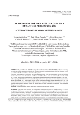 Actividad De Los Volcanes De Costa Rica Durante El Periodo 2012-2013