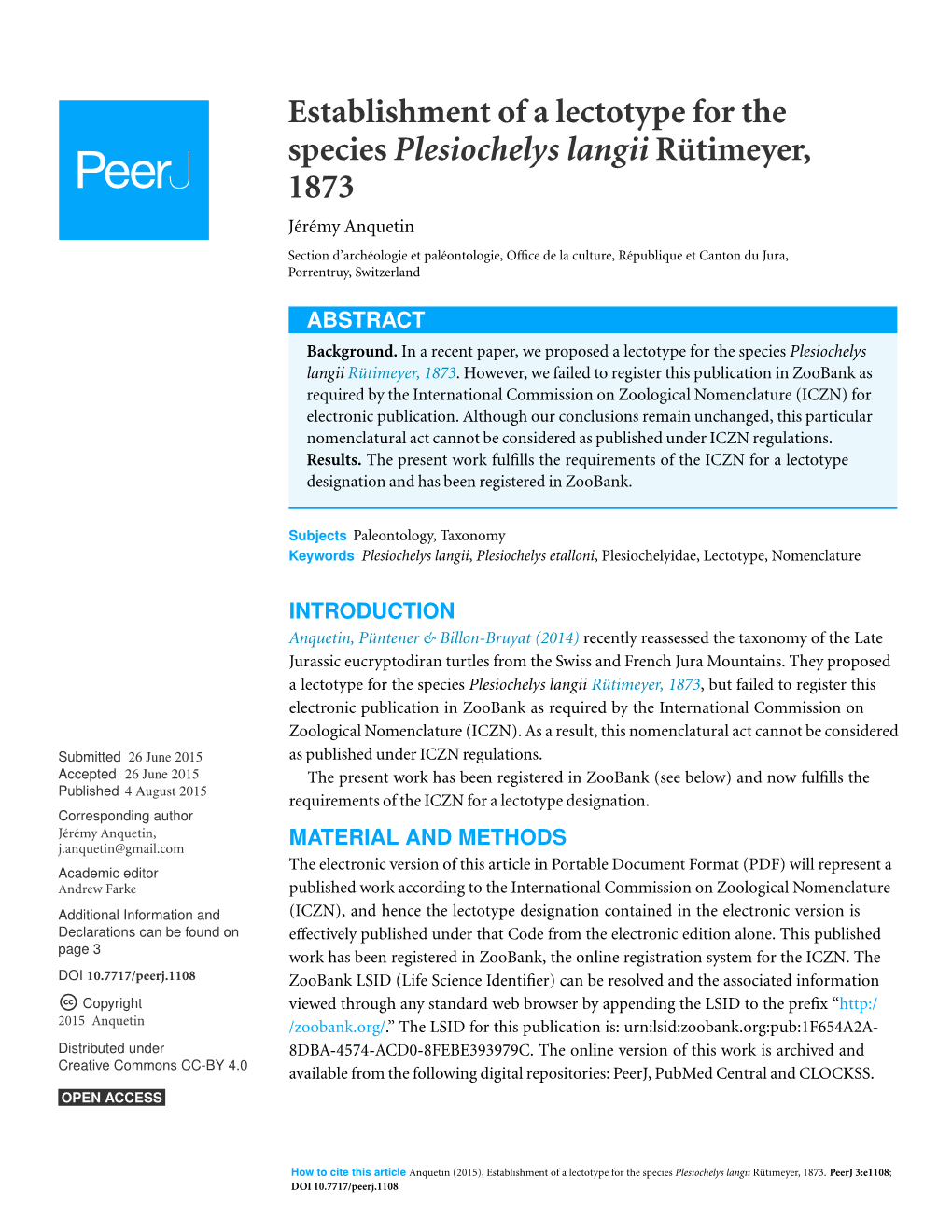 Establishment of a Lectotype for the Species Plesiochelys Langii Rutimeyer