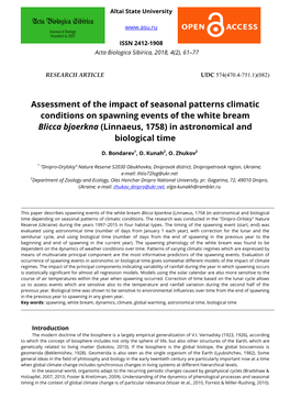 Assessment of the Impact of Seasonal Patterns Climatic Conditions on Spawning Events of the White Bream Blicca Bjoerkna (Linnaeus, 1758) in Astronomical and Biological Time