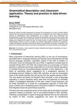 Grammatical Description and Classroom Application. Theory and Practice in Data-Driven Learning