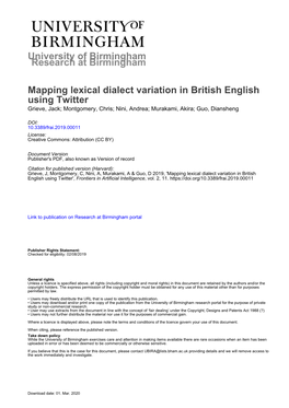 Mapping Lexical Dialect Variation in British English Using Twitter Grieve, Jack; Montgomery, Chris; Nini, Andrea; Murakami, Akira; Guo, Diansheng