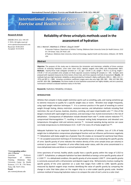 Reliability of Three Urinalysis Methods Used in the Assessment of Hydration