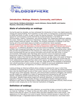 State of Scholarship on Weblogs Definition of Weblogs