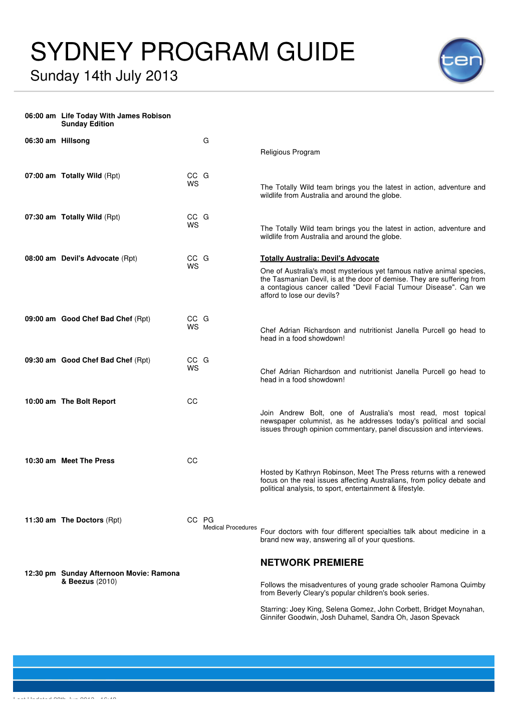 SYDNEY PROGRAM GUIDE Sunday 14Th July 2013