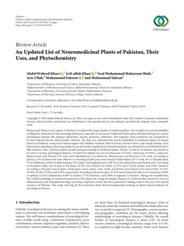 An Updated List of Neuromedicinal Plants of Pakistan, Their Uses, and Phytochemistry