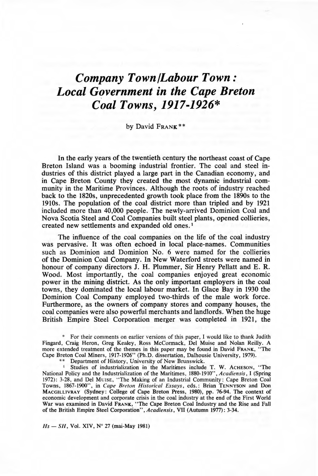 Local Government in the Cape Breton Coal Towns, 1917-1926*