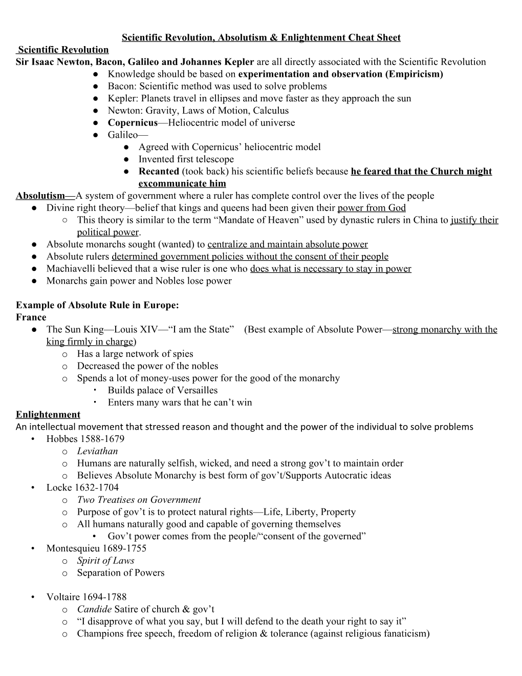 Scientific Revolution Through Enlightenment Cheat Sheet