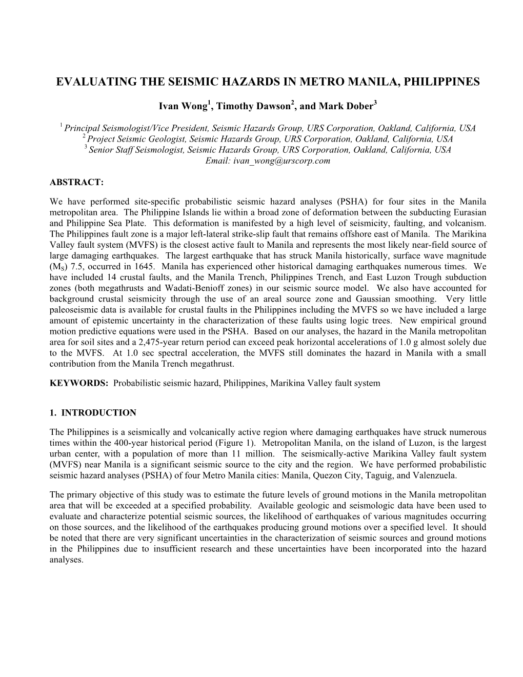 Evaluating the Seismic Hazards in Metro Manila, Philippines