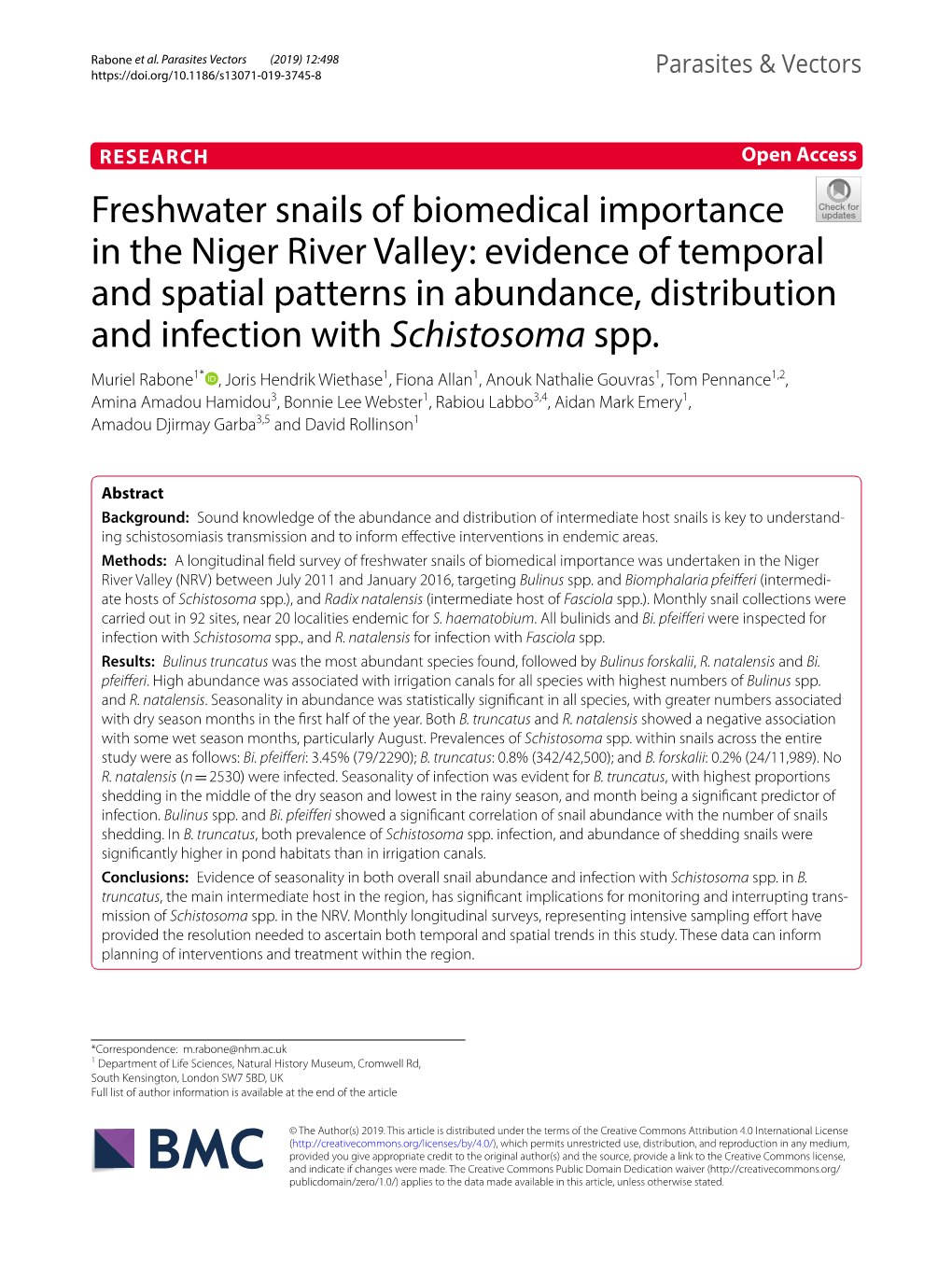 Freshwater Snails of Biomedical Importance in the Niger River Valley