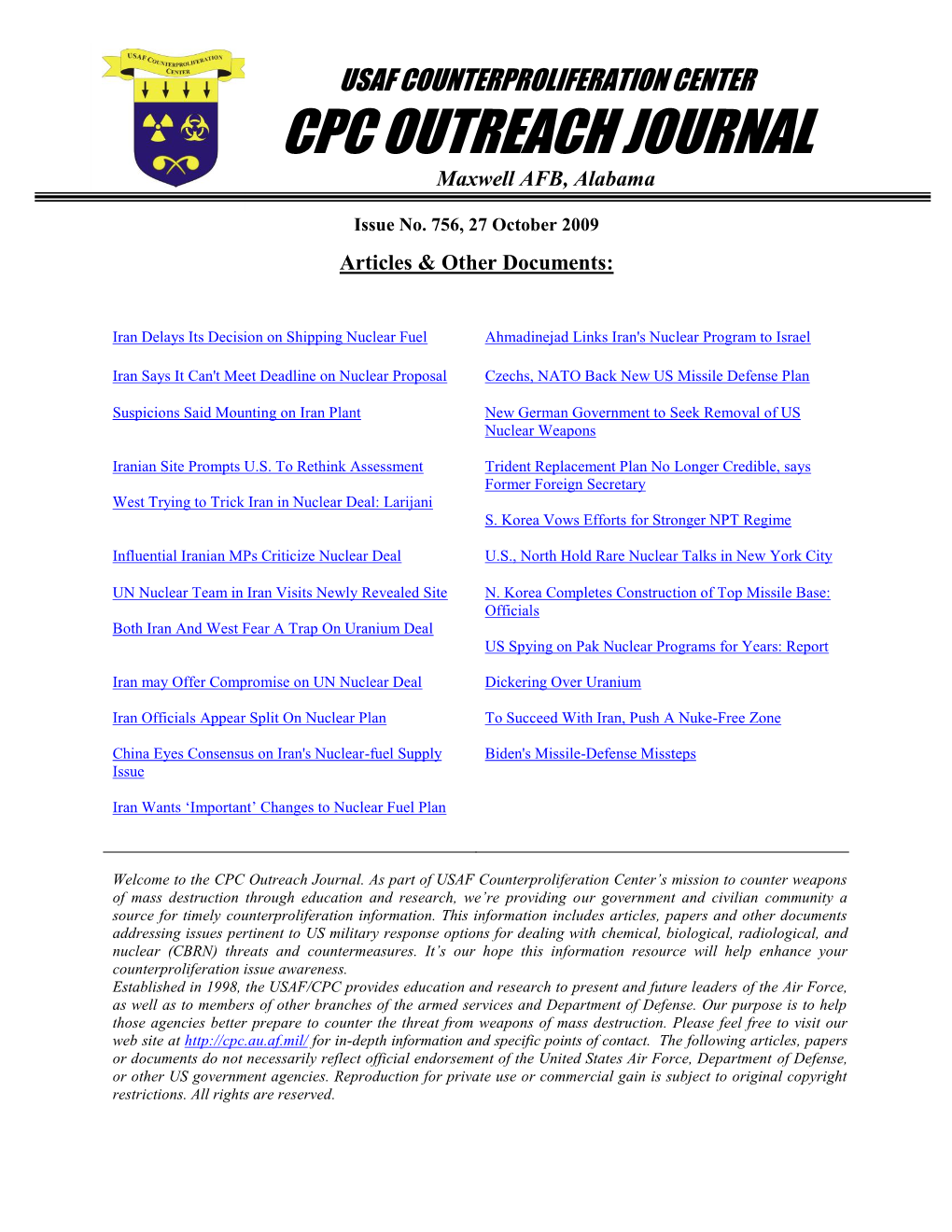 USAF Counterproliferation Center CPC Outreach Journal #756