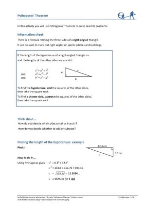 Pythagoras' Theorem Information Sheet Finding the Length of the Hypotenuse