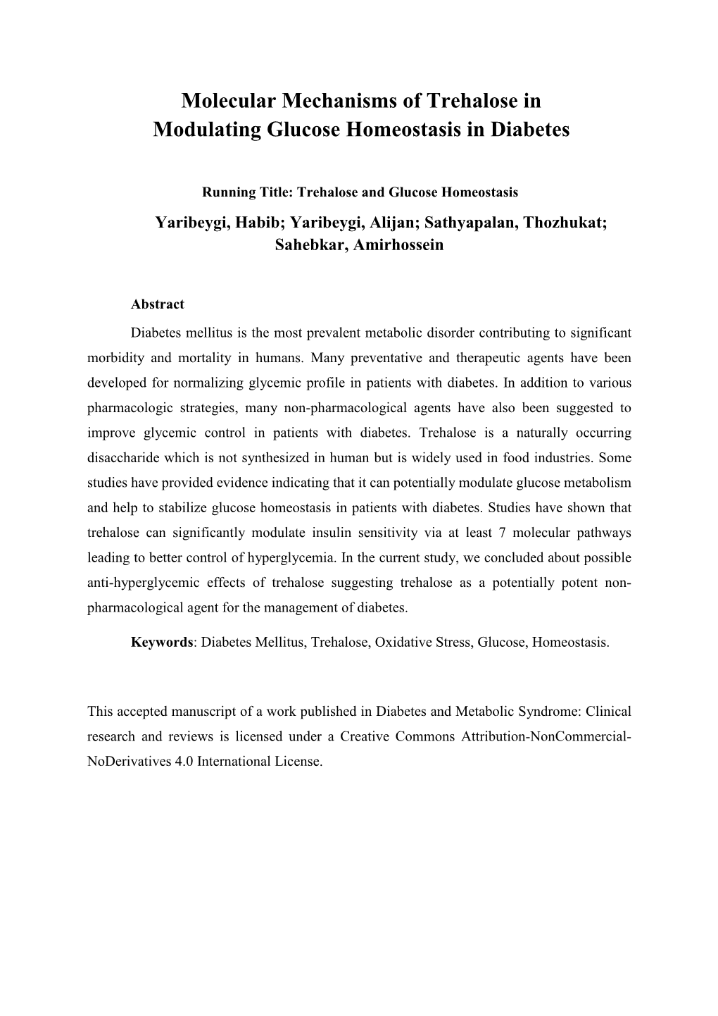 Molecular Mechanisms of Trehalose in Modulating Glucose Homeostasis in Diabetes