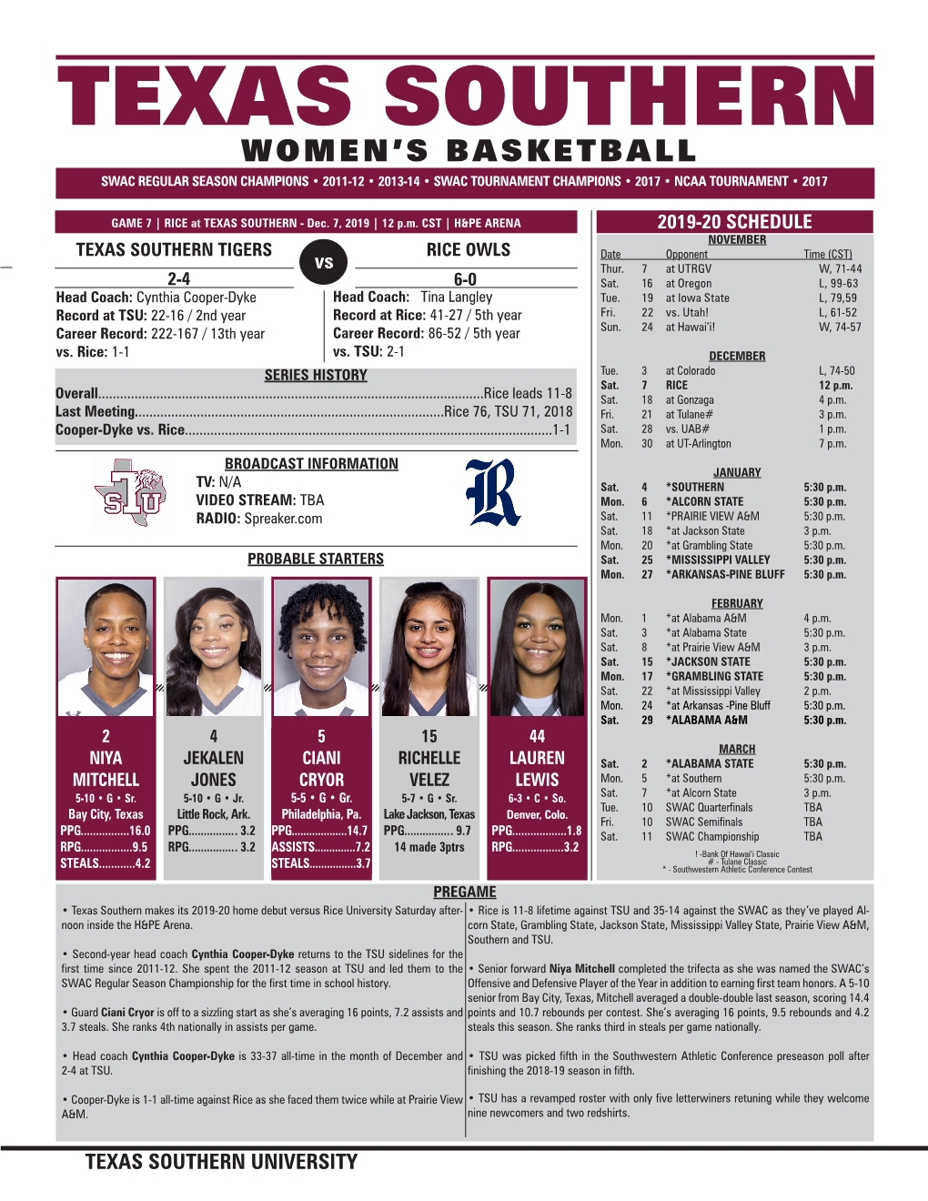 Texas Southern Women’S Basketball  Swac Regular Season Champions • 2011-12 • 2013-14 • Swac Tournament Champions • 2017 • Ncaa Tournament • 2017