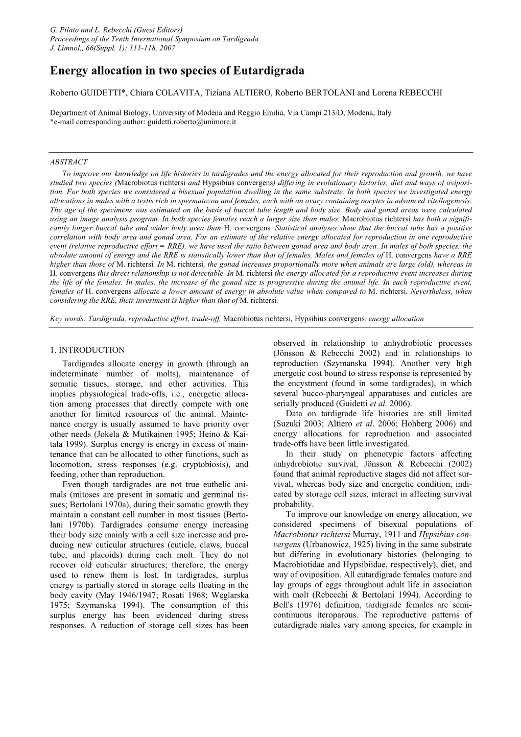 Energy Allocation in Two Species of Eutardigrada