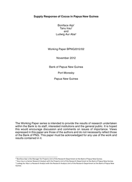 Supply Response of Cocoa in Papua New Guinea Boniface Aipi* Tanu