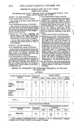97^4 the LONDON GAZETTE, 5 OCTOBER, 1920. DISEASES of ANIMALS ACTS, 1894 to 1914—Mnttnued SHEEP SCAB—Continued