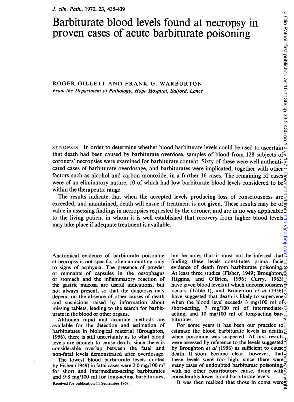 Barbiturate Blood Levels Found at Necropsy in Proven Cases of Acute Barbiturate Poisoning