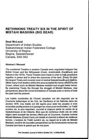 Rethinking Treaty Six in the Spirit of Mistahi Maskwa (Big Bear)