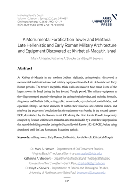 A Monumental Fortification Tower and Militaria: Late Hellenistic and Early Roman Military Architecture and Equipment Discovered at Khirbet El-Maqatir, Israel