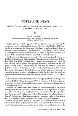 Notes and News Agonistic Behavior in Pagurus