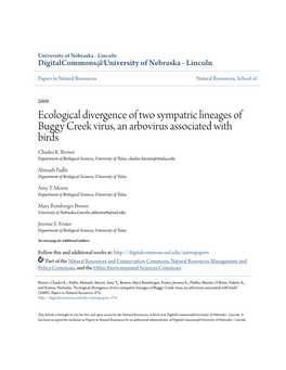 Ecological Divergence of Two Sympatric Lineages of Buggy Creek Virus, an Arbovirus Associated with Birds Charles R