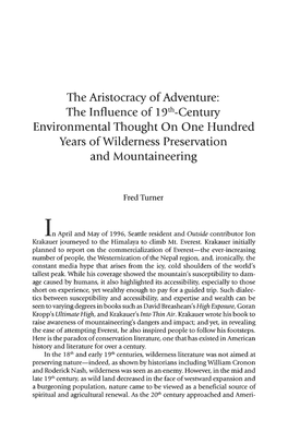 The Aristocracy of Adventure: the Influence of 19Th-Century Environmental Thought on One Hundred Years of Wilderness Preservation and Mountaineering