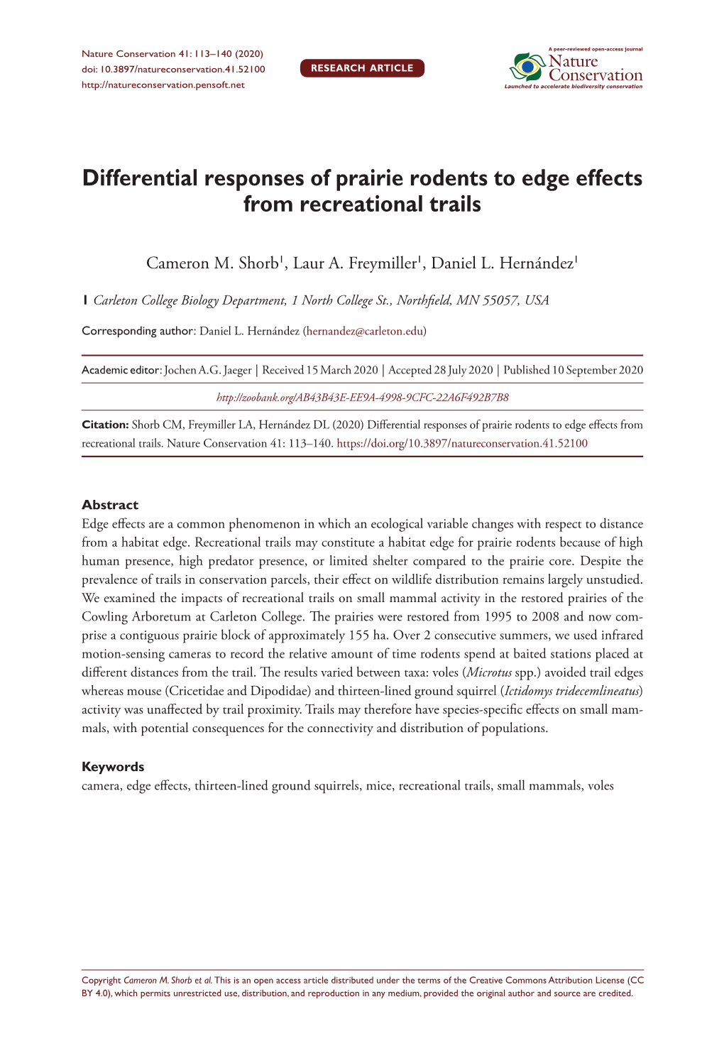 Differential Responses of Prairie Rodents to Edge Effects from Recreational Trails