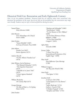 Historical Field List: Restoration and Early Eighteenth Century